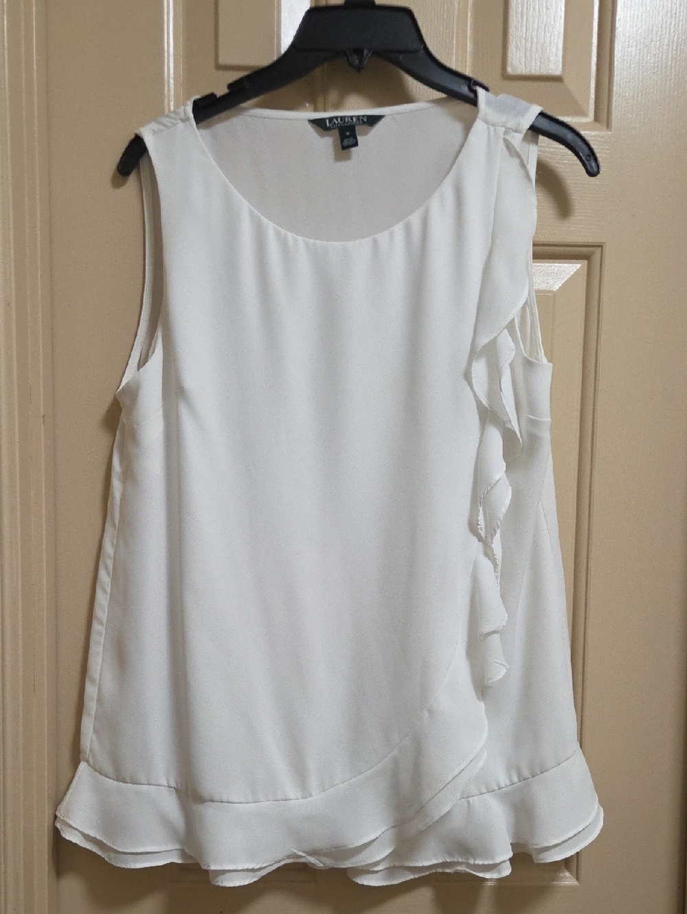 Lauren Ralph Lauren White Sleeveless Ruffle Blouse Size M Elegant Flowy Top